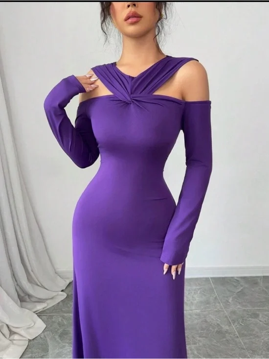 Purple cold-Shoulder Long Sleeve Dress - Picture 2 of 3